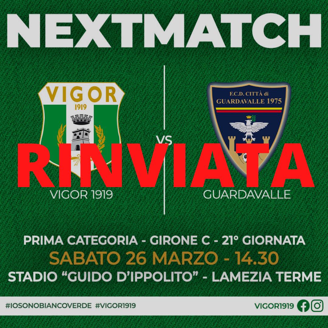 Vigor 1919, casi positivi al Covid, rinviata la gara contro il Guardavalle Vigor 1919, casi positivi al Covid, rinviata la gara contro il Guardavalle