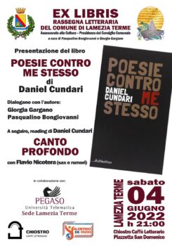 Stasera al Chiostro presentazione del volume di Daniel Cundari dal titolo “Poesie contro me stesso”