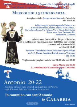 Antonio 20-22, mercoledì 13 luglio la reliquia di S. Antonio di Padova a Lamezia