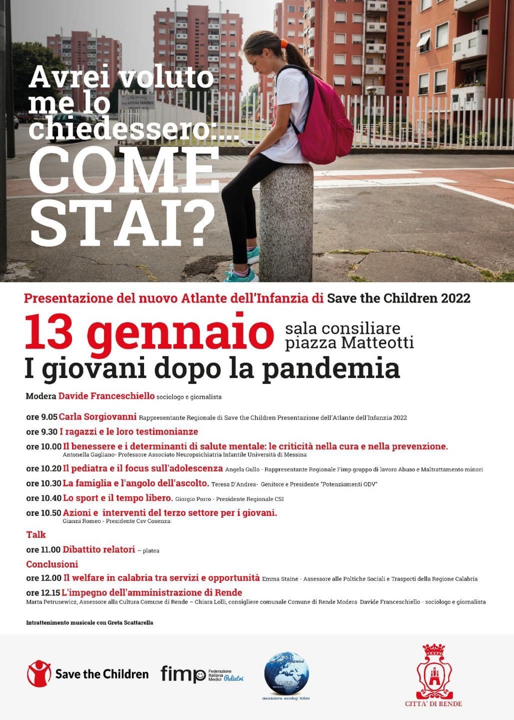 Rende, venerdì presentazione dell’Atlante dell’infanzia con Save the Children