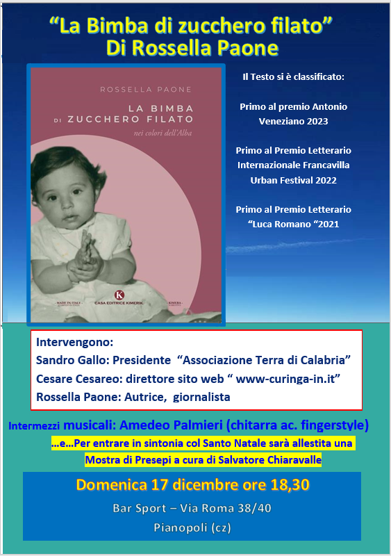 A Pianopoli il 17 dicembre presentazione del libro di Rossella Paone “La Bimba di zucchero Filato” Ultimissima Con Premi Copia