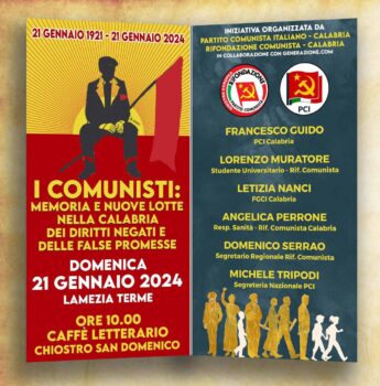 Lamezia Terme, il 21 gennaio iniziativa unitaria dei comunisti calabresi