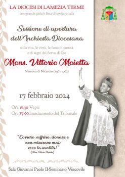 Lamezia Terme, convocata per il 17 febbraio Sessione di apertura dell’Inchiesta diocesana del Servo di Dio mons. Moietta