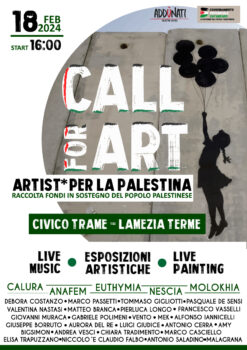 Lamezia Terme, il 18 febbraio iniziativa a sostegno della popolazione palestinese “Call for art - artist* per la Palestina”
