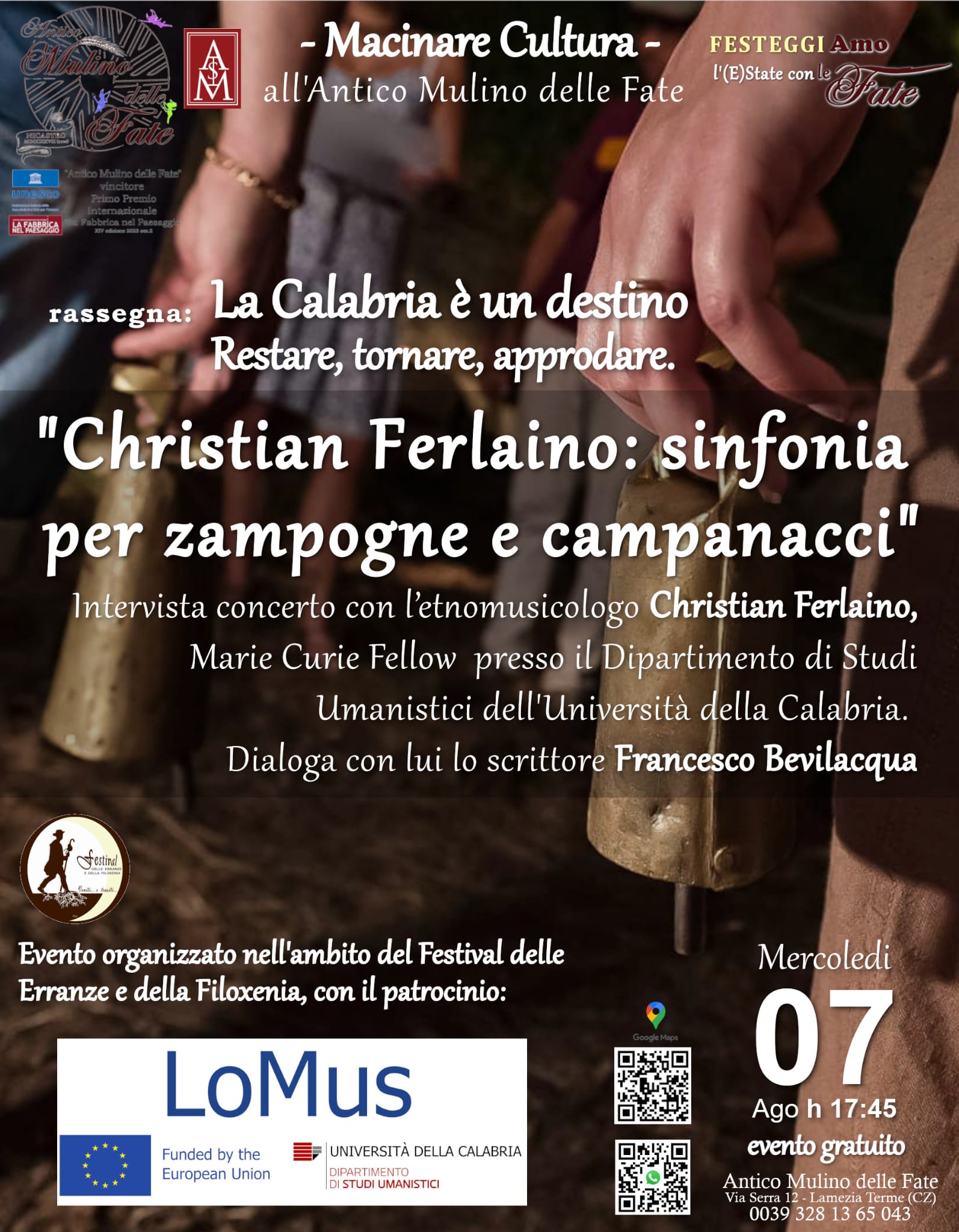 Il 7 agosto “Sinfonia per zampogne e campanacci” con Christian Ferlaino all’Antico Mulino delle Fate a Lamezia