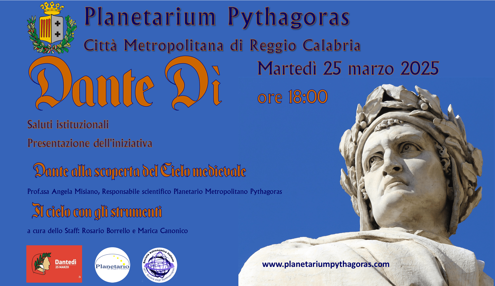 Domani martedì 25 marzo il Dantedì al Planetarium Pythagoras della Città Metropolitana