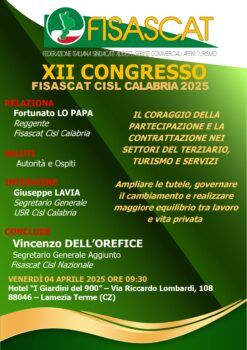 Il 4 aprile a Lamezia Terme il XII Congresso della Fisascat Cisl Calabria