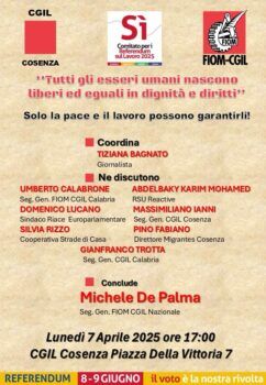 A Cosenza iniziativa per la pace i diritti con il Segretario Cgil Fiom Nazionale De Palma