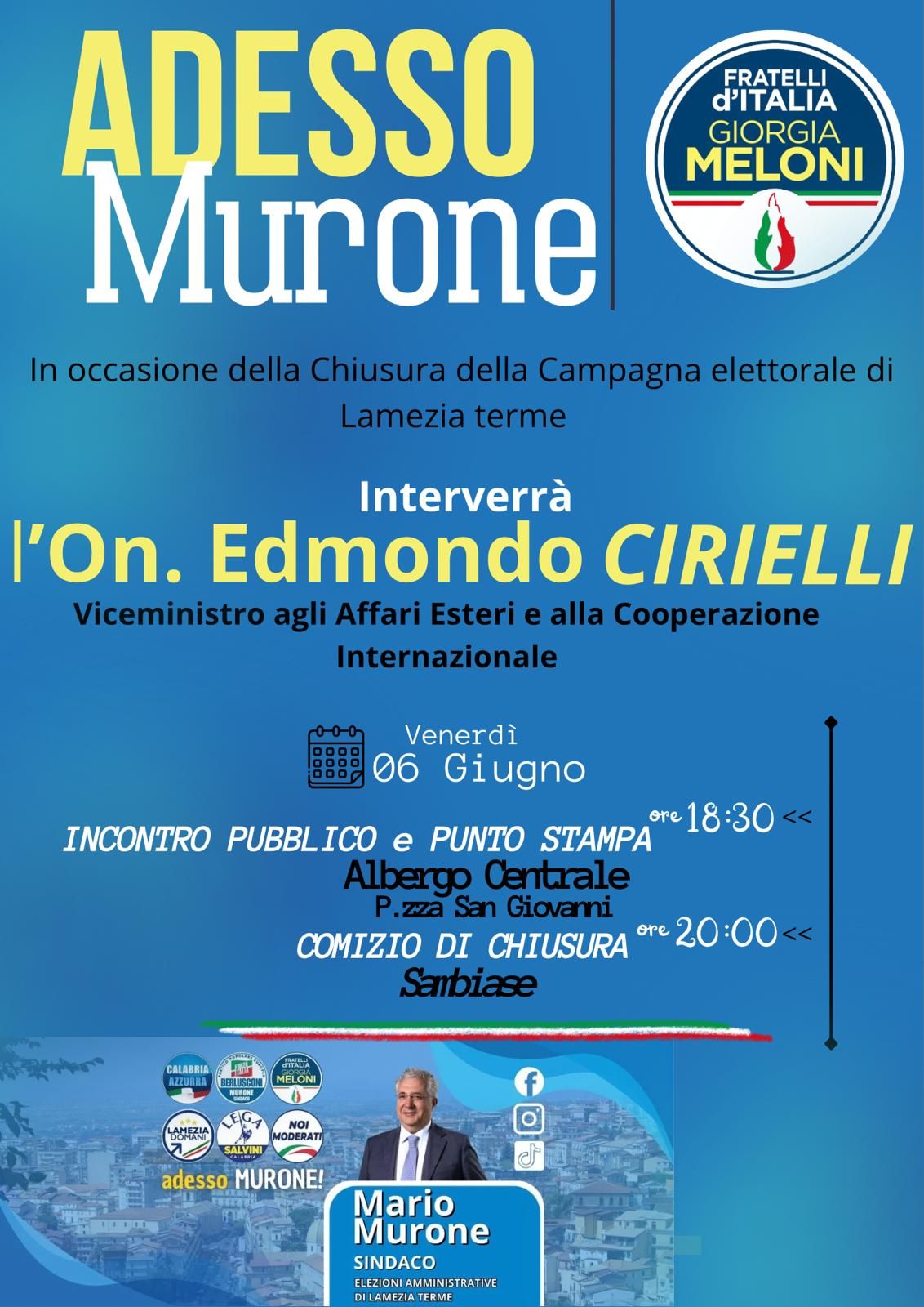 Lamezia, Mario Murone chiude campagna il 6 giugno con Viceministro Cirielli