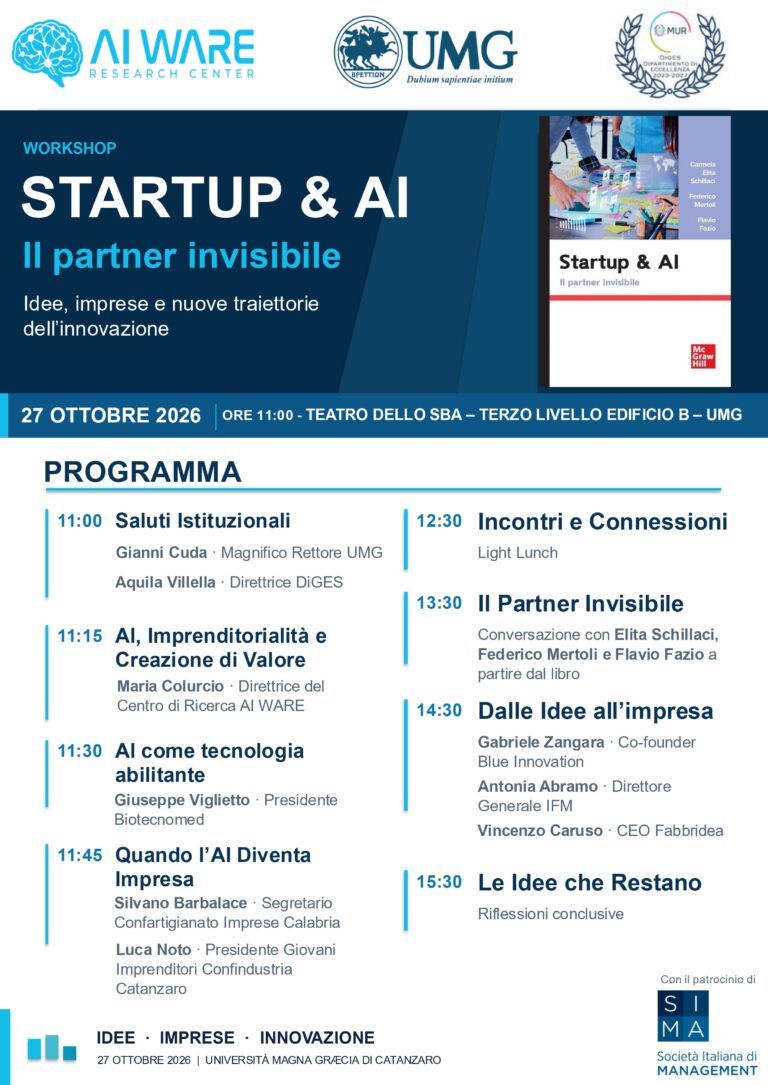 L’Intelligenza Artificiale non si vede ma fa crescere le imprese, domani all’UMG il workshop “STARTUP & AI. Il partner invisibile - Idee, imprese e nuove traiettorie dell'innovazione"